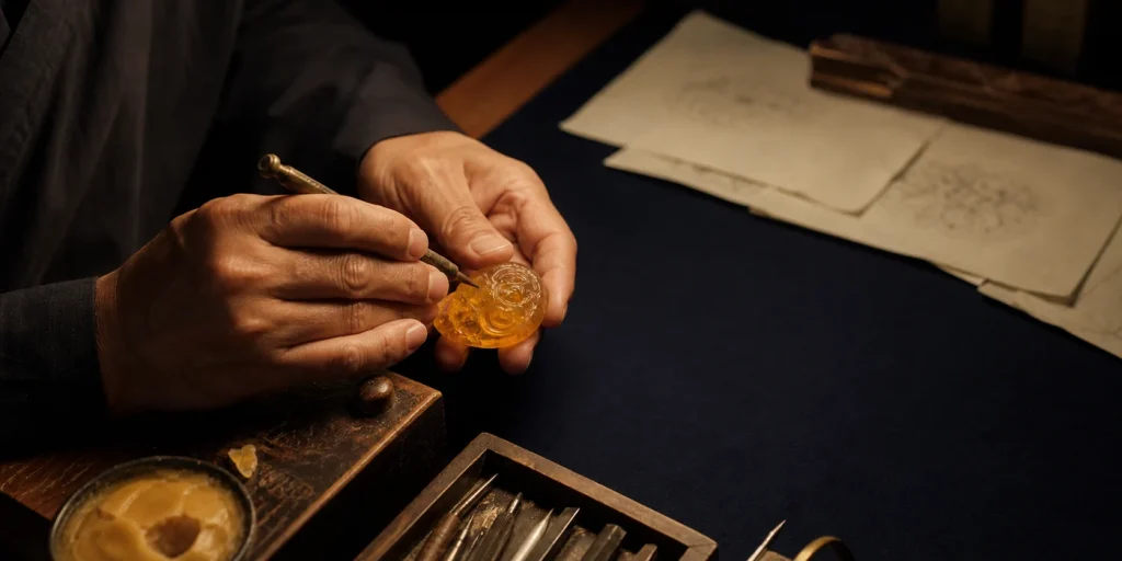 Hands finishing a natural-stone object at a workbench