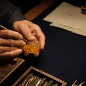 Hands finishing a natural-stone object at a workbench