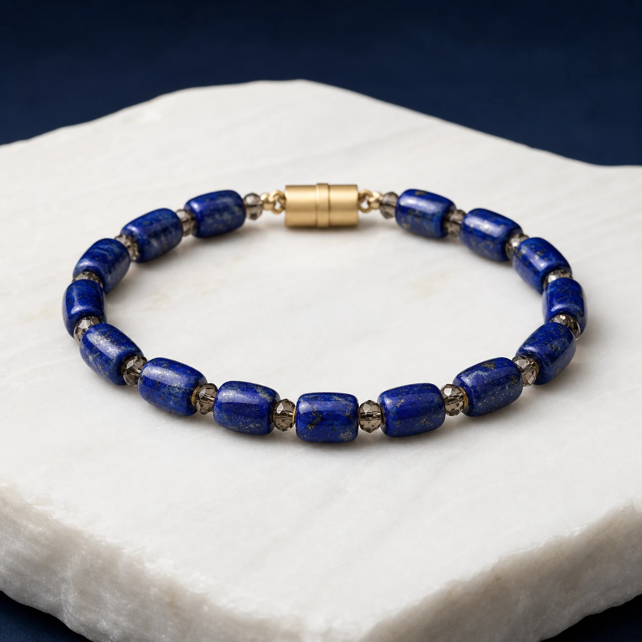Deep blue lapis lazuli bracelet with gold-toned detail