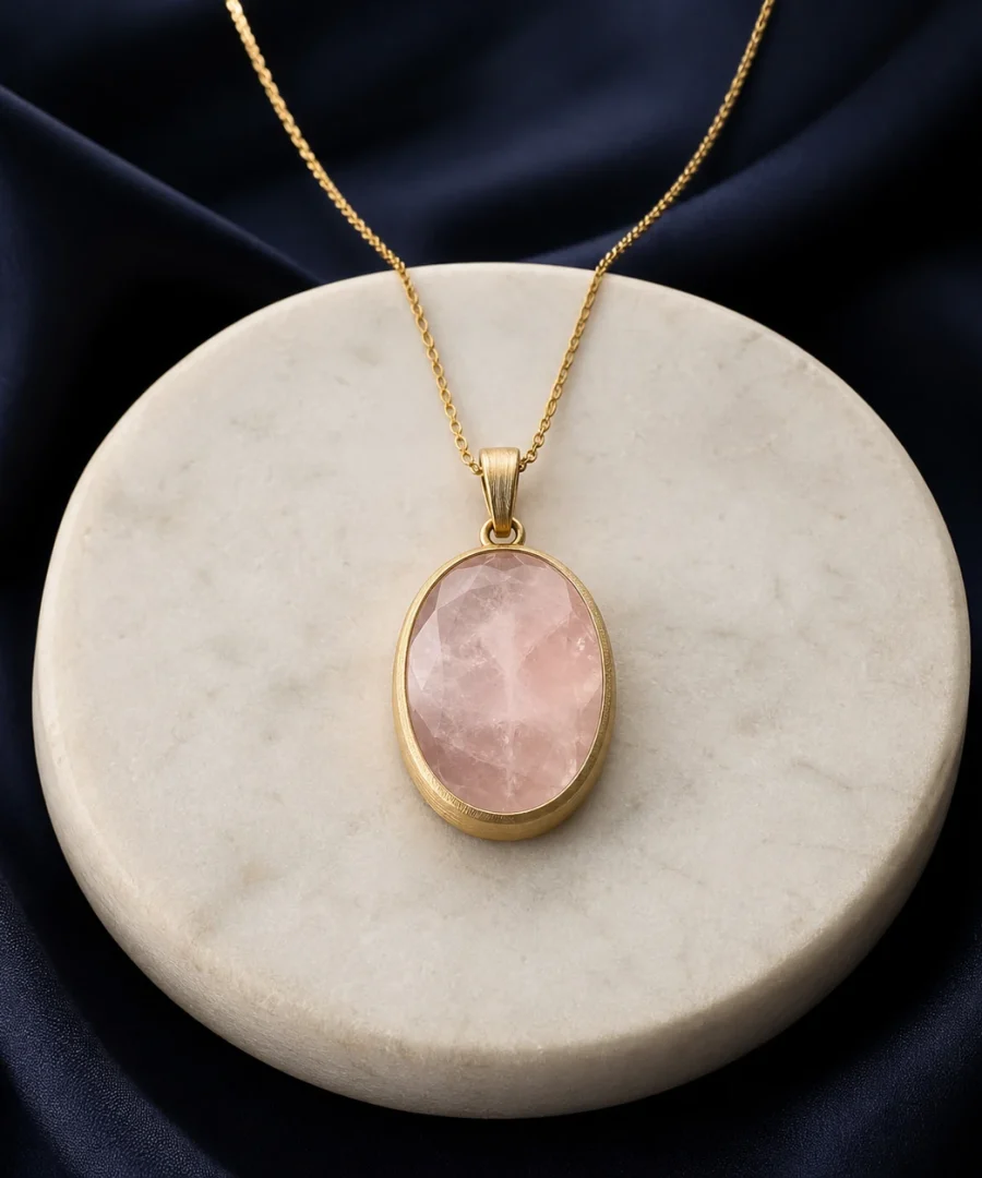Rose quartz pendant on a restrained warm background